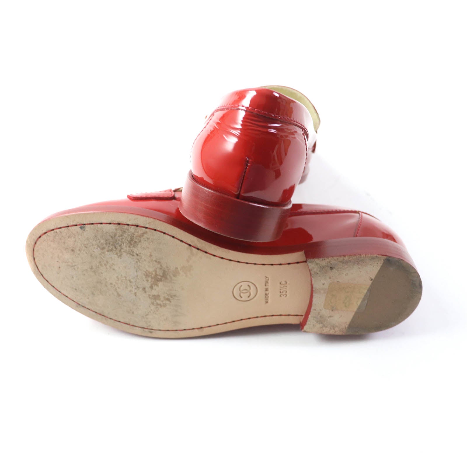 シャネル パテント レザー ローファー レッド シルバー 35 1/2C