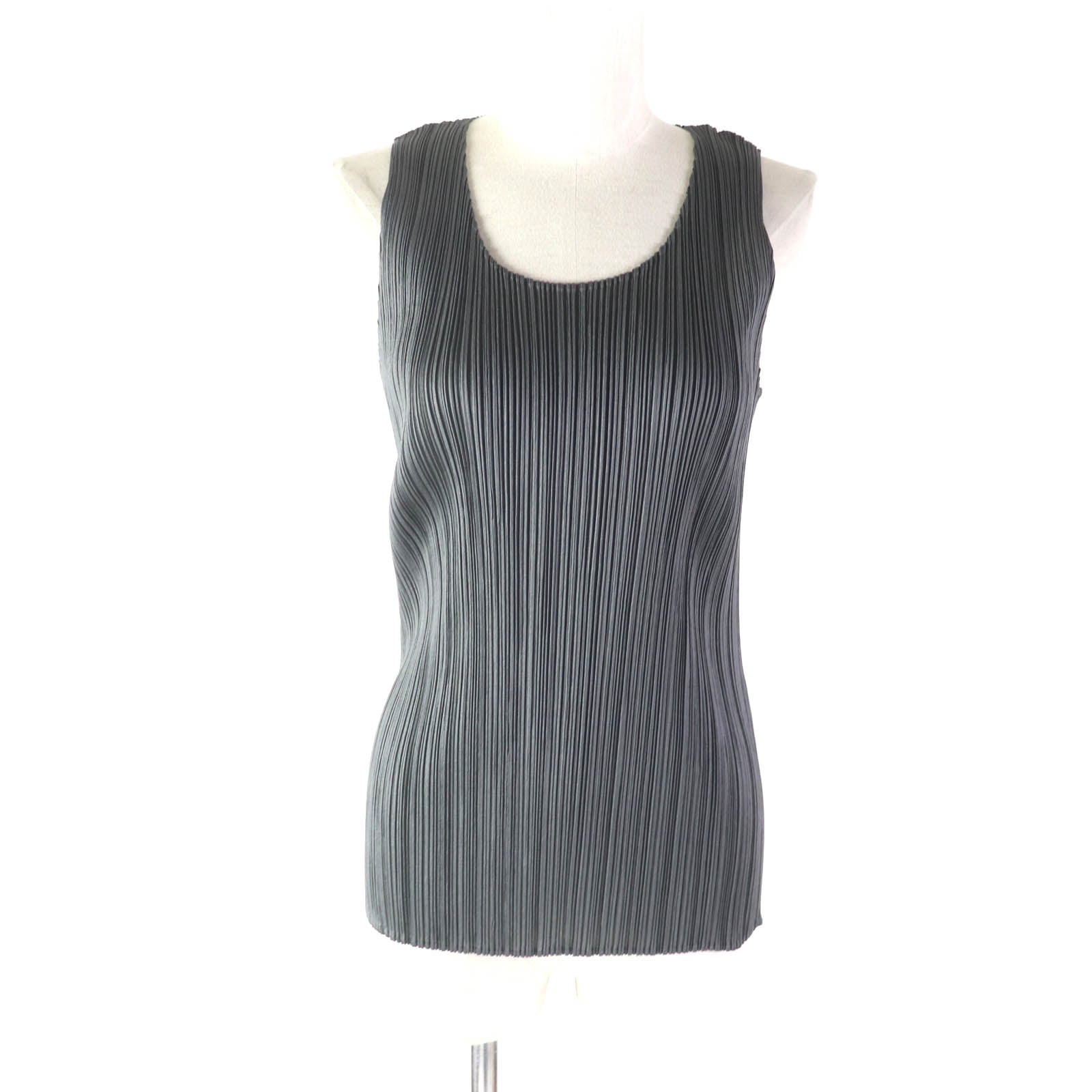 PLEATS PLEASE Uネック ノースリーブ トップ グレー