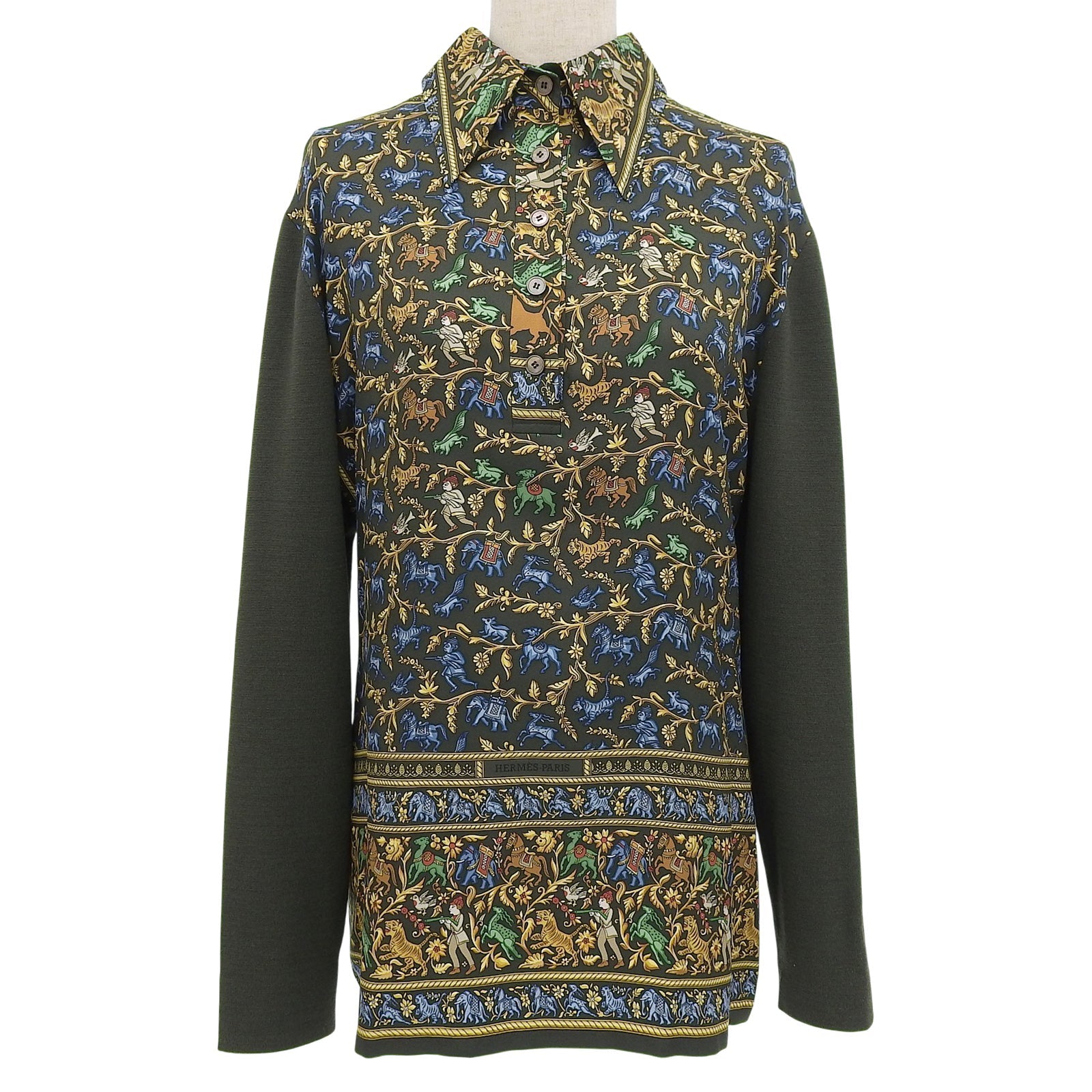 エルメス CHASSEEN INDE シルク 長袖 ポロシャツ M