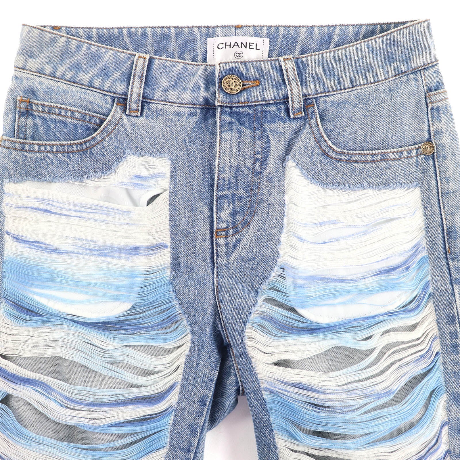 シャネル COCO マーク ボタン ディストレスト チュール デニム パンツ