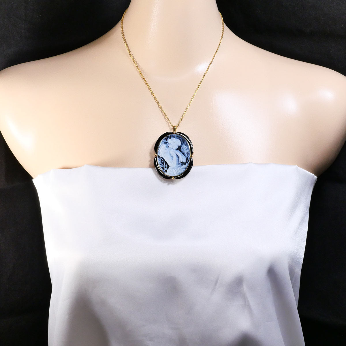 Au750 Stone Cameo Onyx Diamond 2way Necklace Brooch