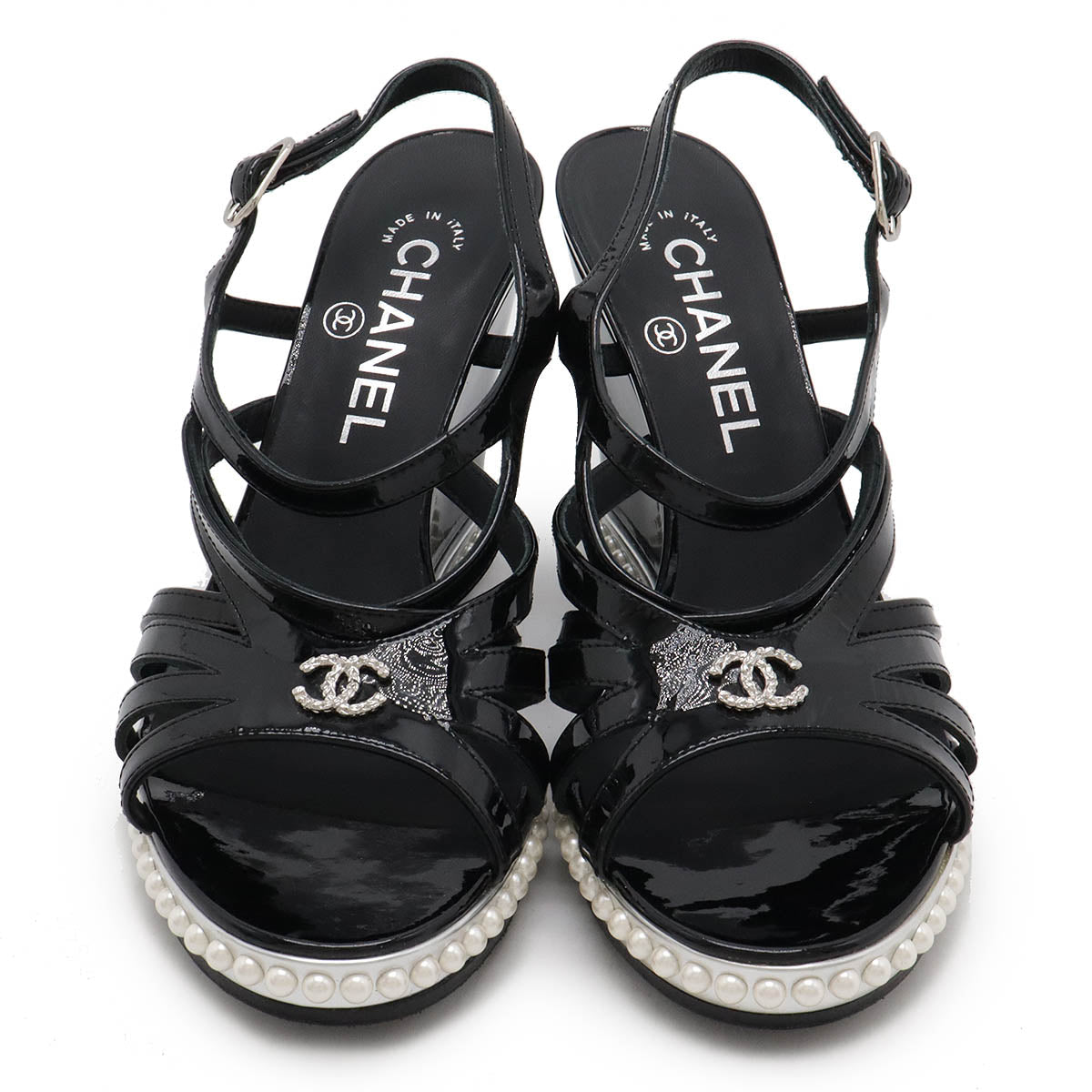 シャネル ココマーク パテントレザー パール ウェッジサンダル