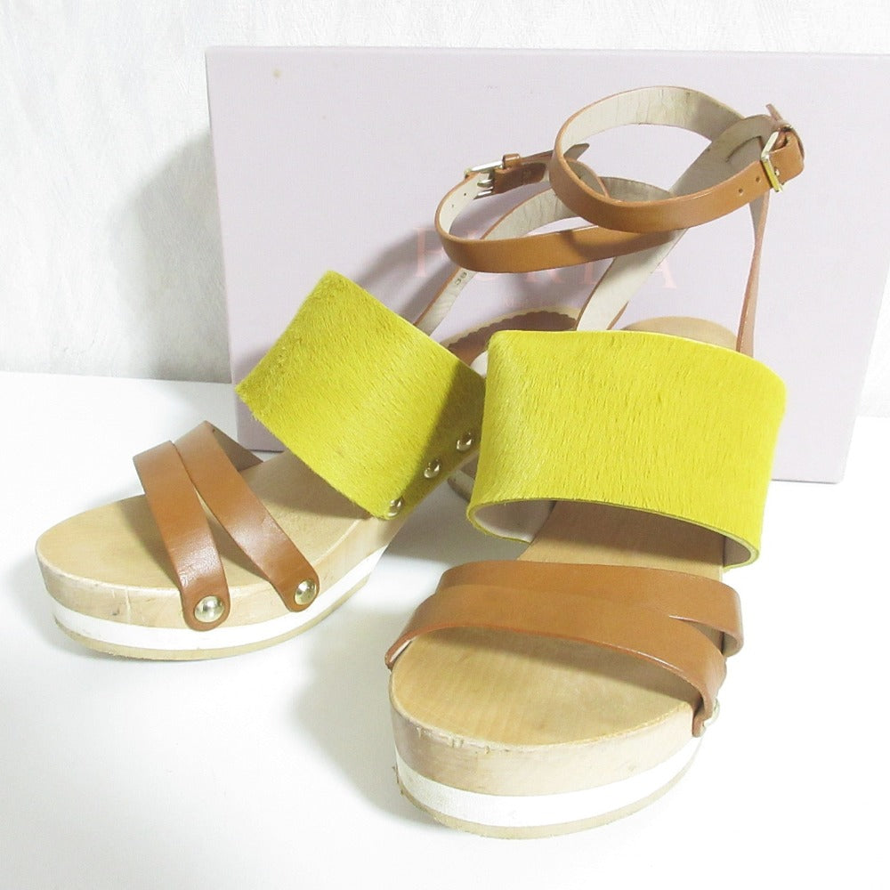 フルラ ヘアカーフ レザー ウッド ヒール サンダル