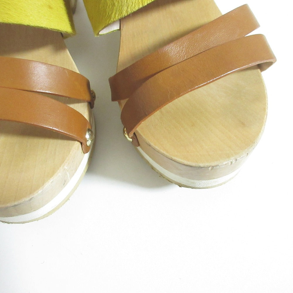 フルラ ヘアカーフ レザー ウッド ヒール サンダル