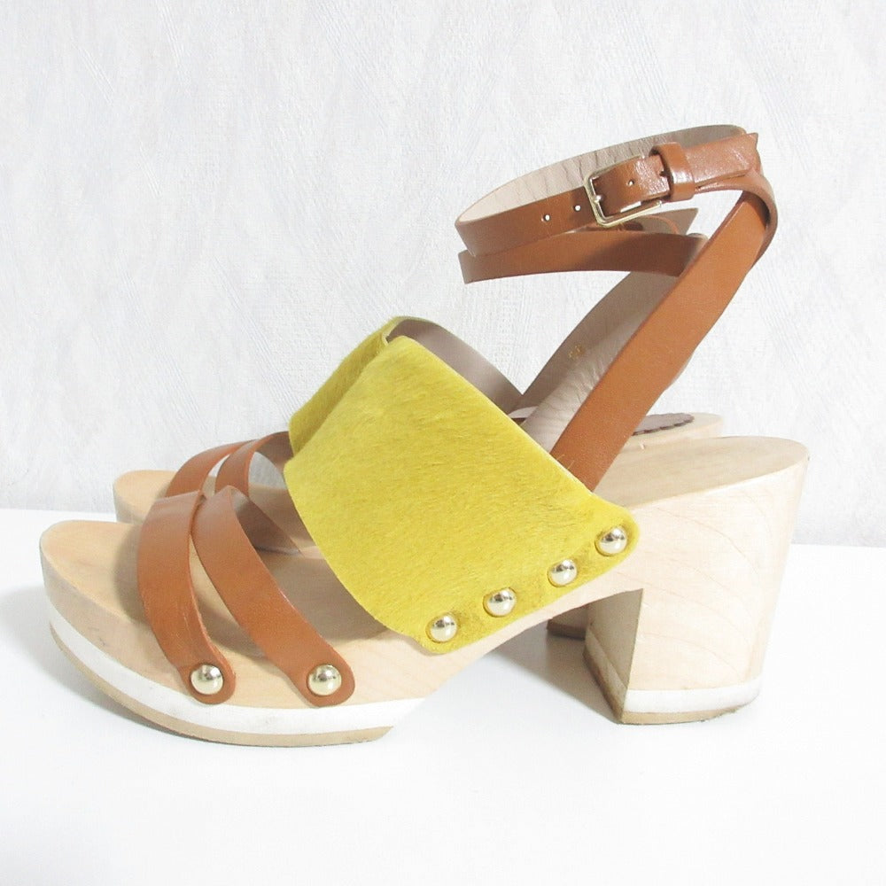 フルラ ヘアカーフ レザー ウッド ヒール サンダル