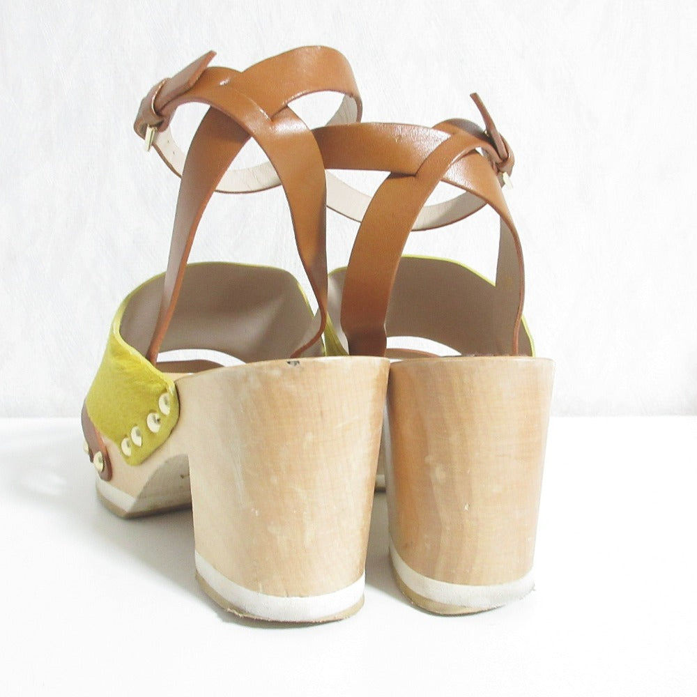 フルラ ヘアカーフ レザー ウッド ヒール サンダル