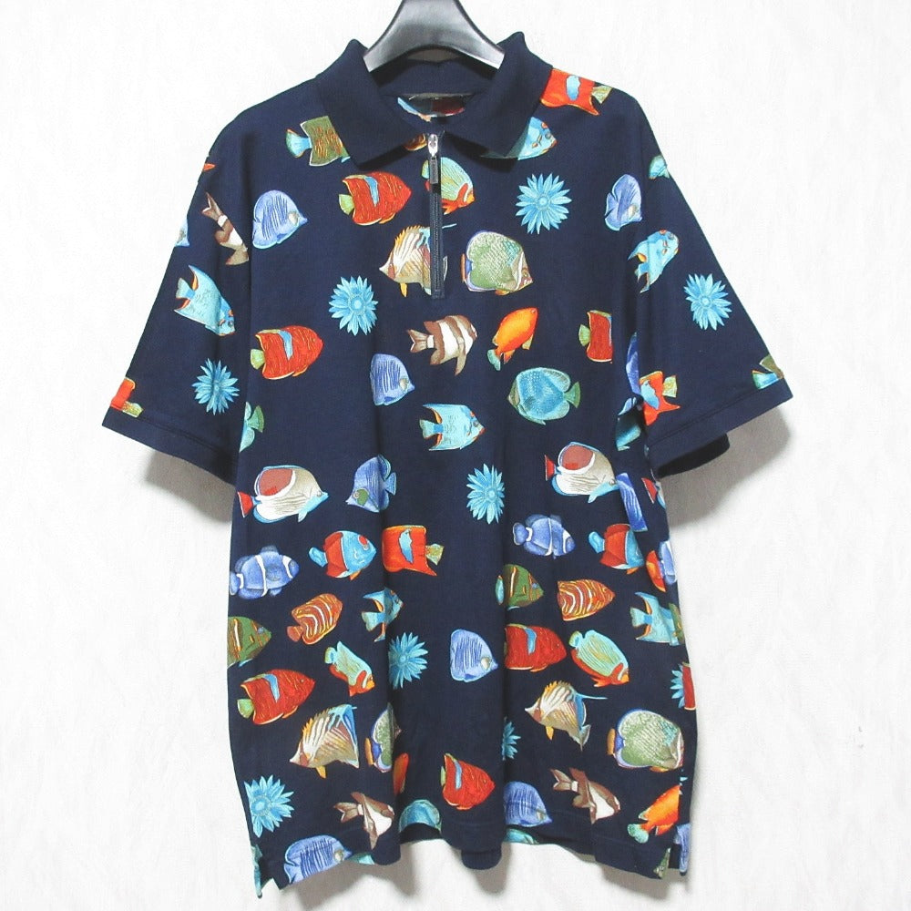 レオナール フィッシュプリント ショートスリーブジップポロシャツ