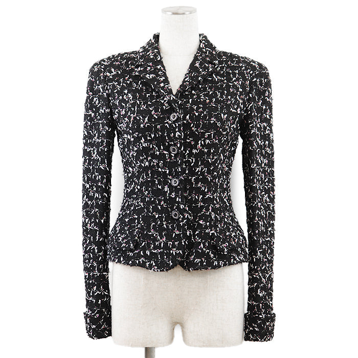 シャネル ツイード ジャケット ウール混 ブラック マルチカラー