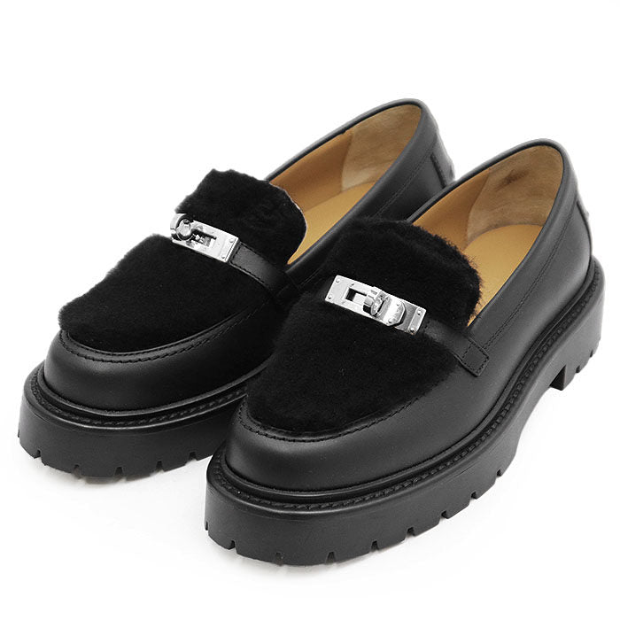 エルメス モカシンケリーバックルムートンボア36½レザーローファー