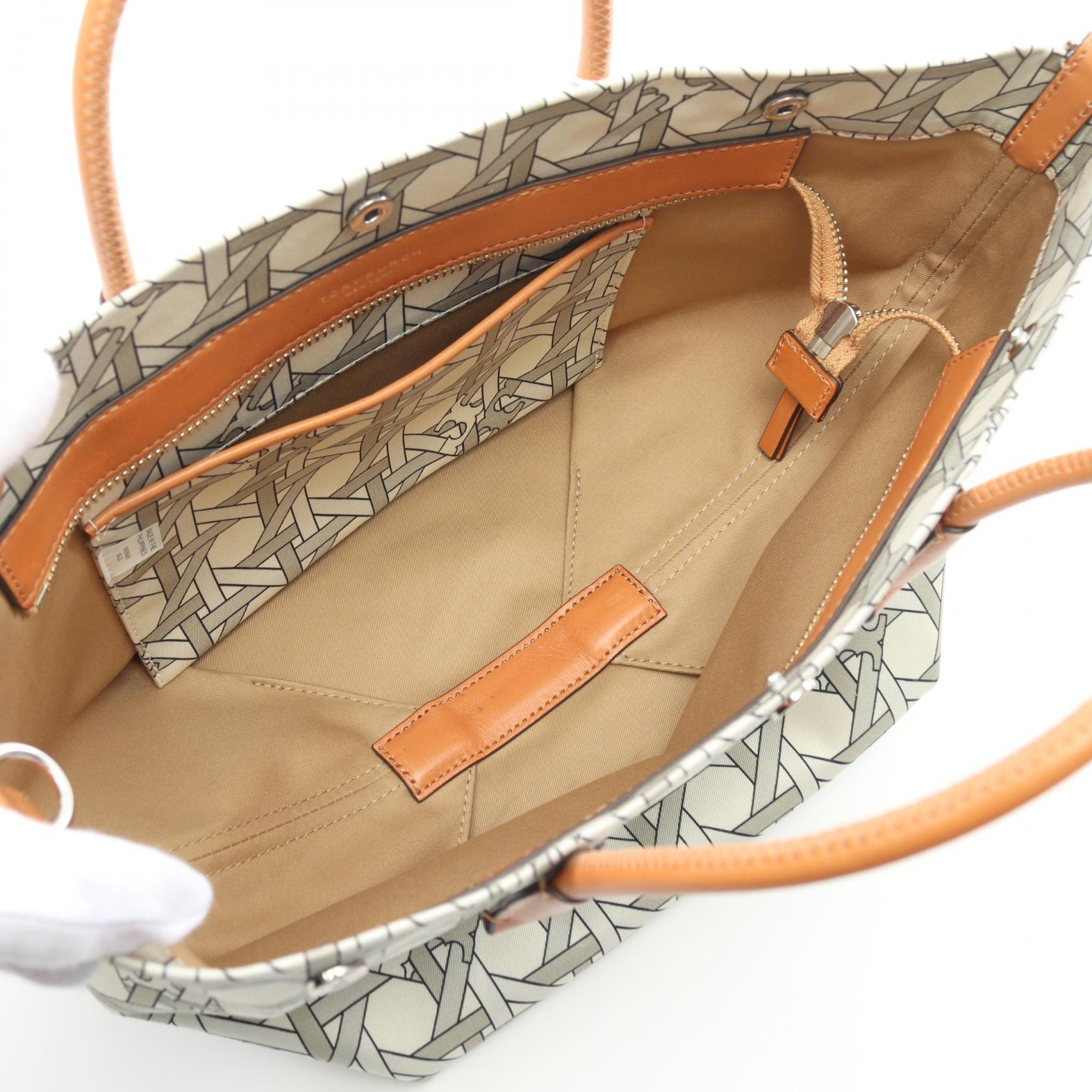 トリー バーチ バスケット ウィーブ キャンバス レザー トート バッグ