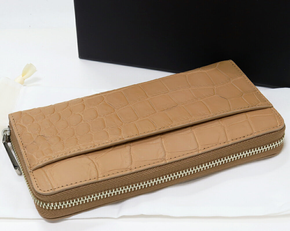 クロコダイル ラウンドジップ 長財布 ベージュ/ブラウン