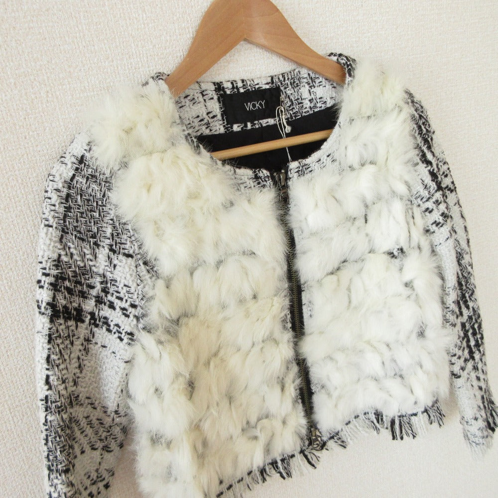 VICKY ラビット ファー ツイード ショート ジャケット