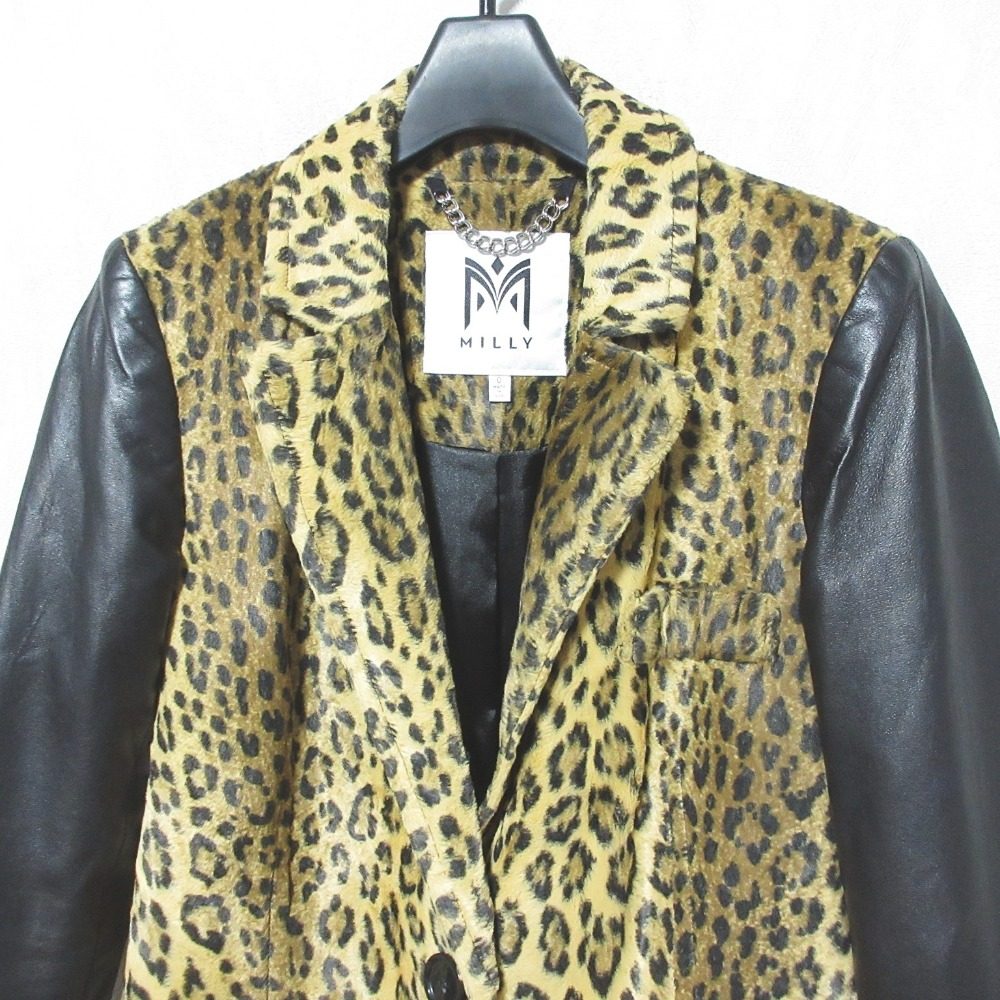 Milly ラム レザー スリーブ レオパード ウール コート