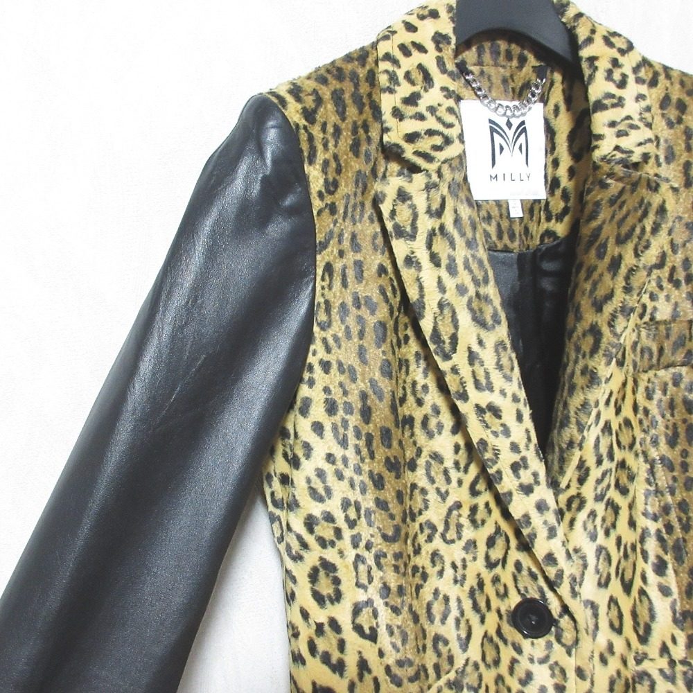 Milly ラム レザー スリーブ レオパード ウール コート