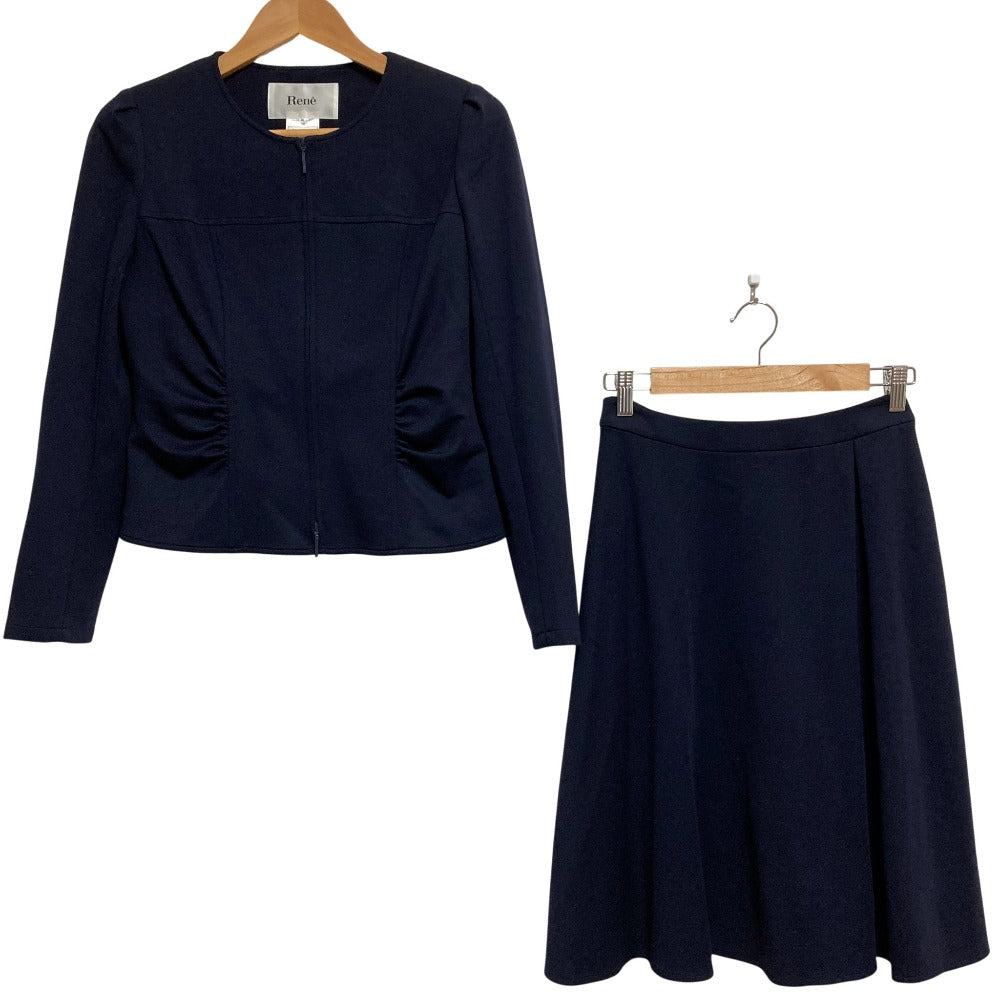 Rene ストレッチ ギャザー ノーカラー ジャケット 膝丈 スカート セットアップ