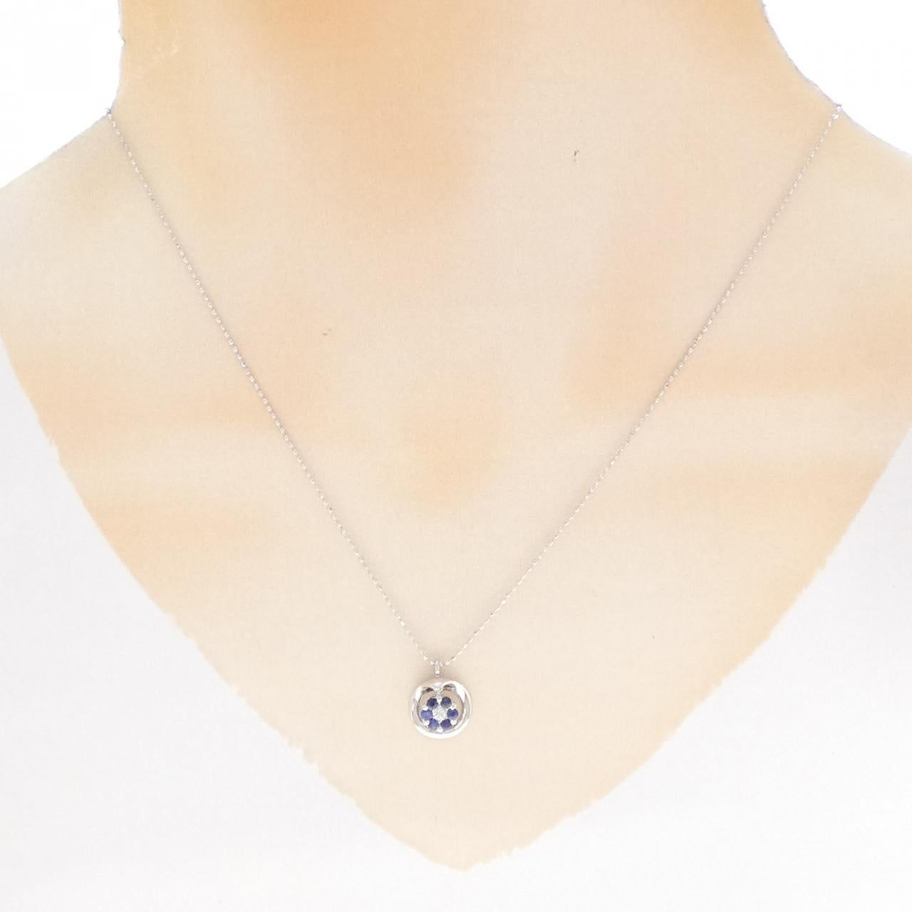 Au750ホワイトゴールド フラワー サファイア ダイヤモンド ネックレス