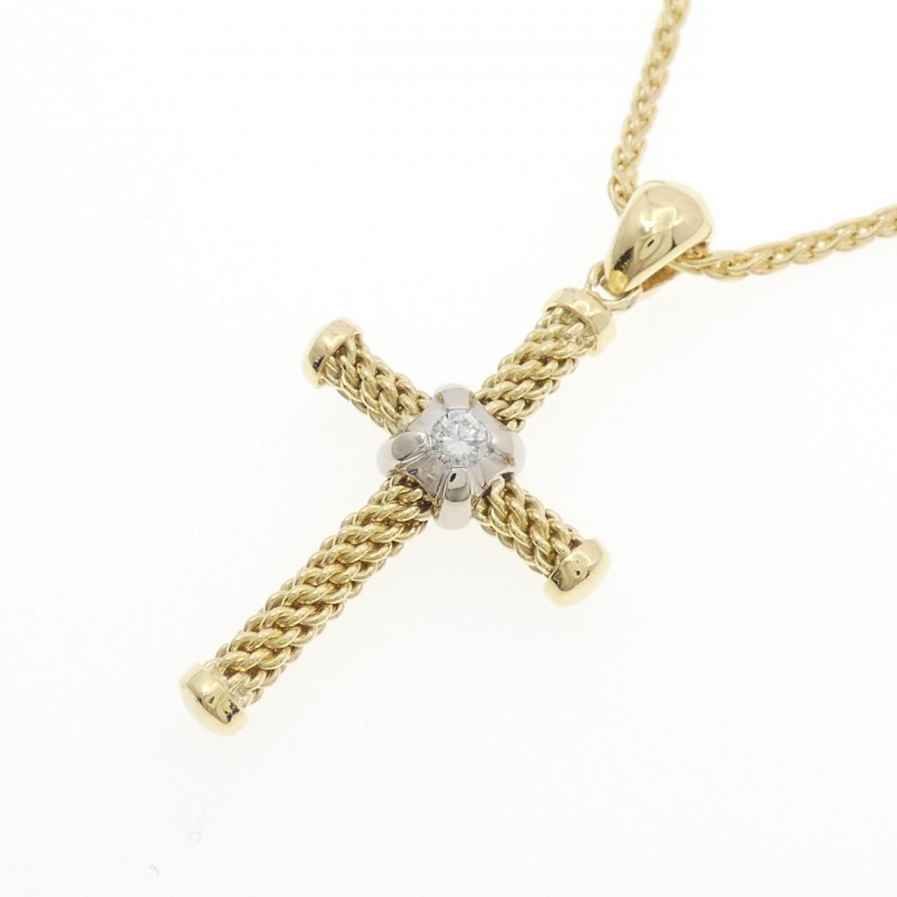 Au750 イエロー&ホワイトゴールド クロス ダイヤネックレス