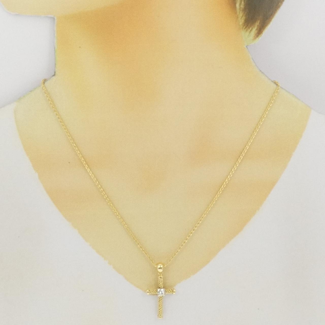 Au750 イエロー&ホワイトゴールド クロス ダイヤネックレス