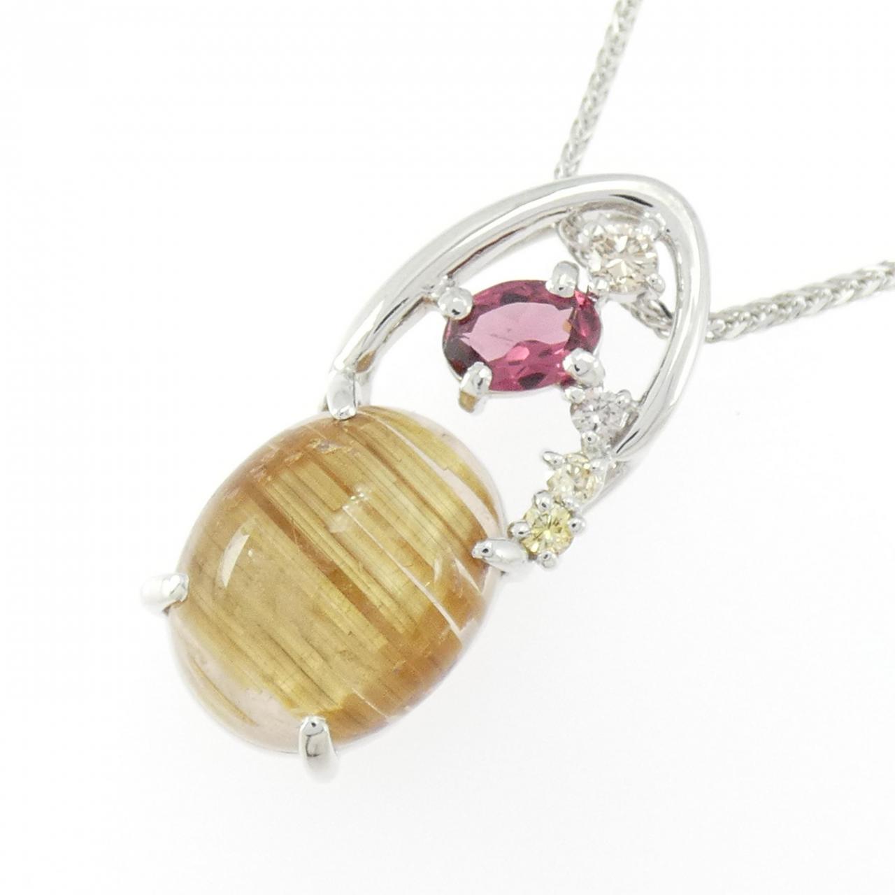Au750ホワイトゴールドタイガーアイガーネットダイヤモンドネックレス