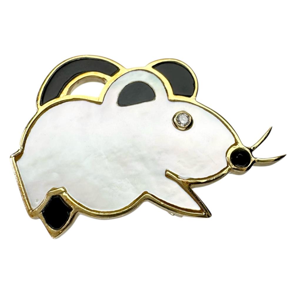 マウス モチーフ 2way ブローチ ペンダント トップ Au750 シェル オニキス ダイヤモンド