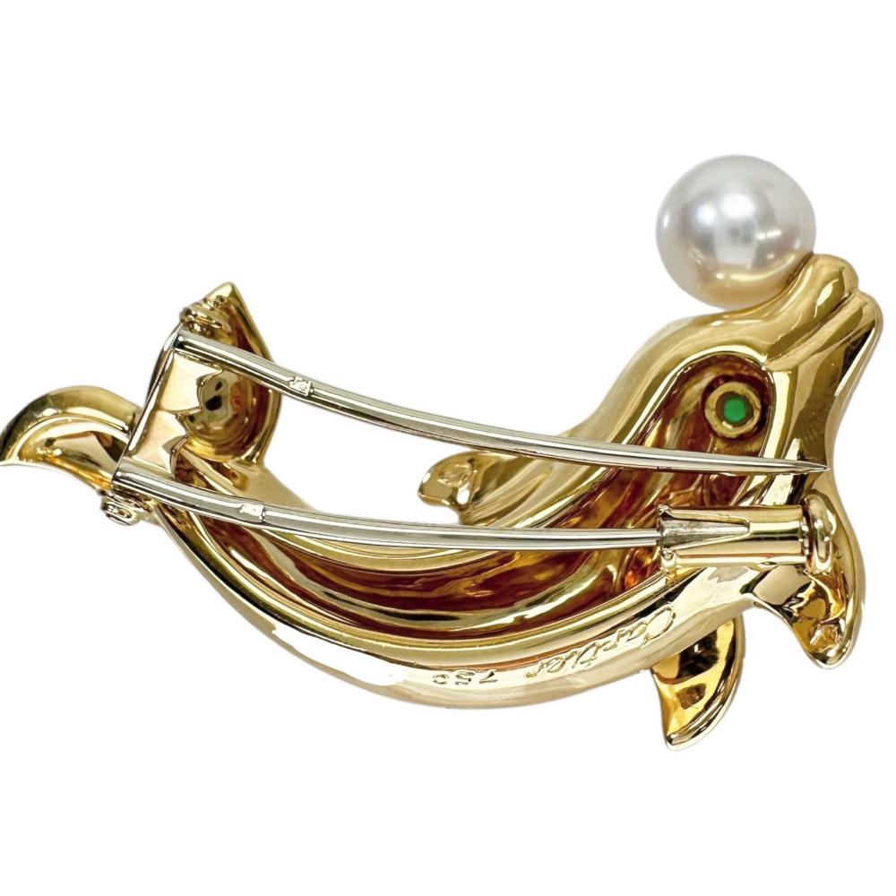カルティエ ドルフィンモチーフ K18 パール エメラルド ブローチ