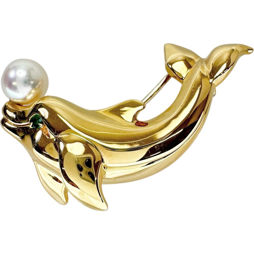 カルティエ ドルフィンモチーフ K18 パール エメラルド ブローチ