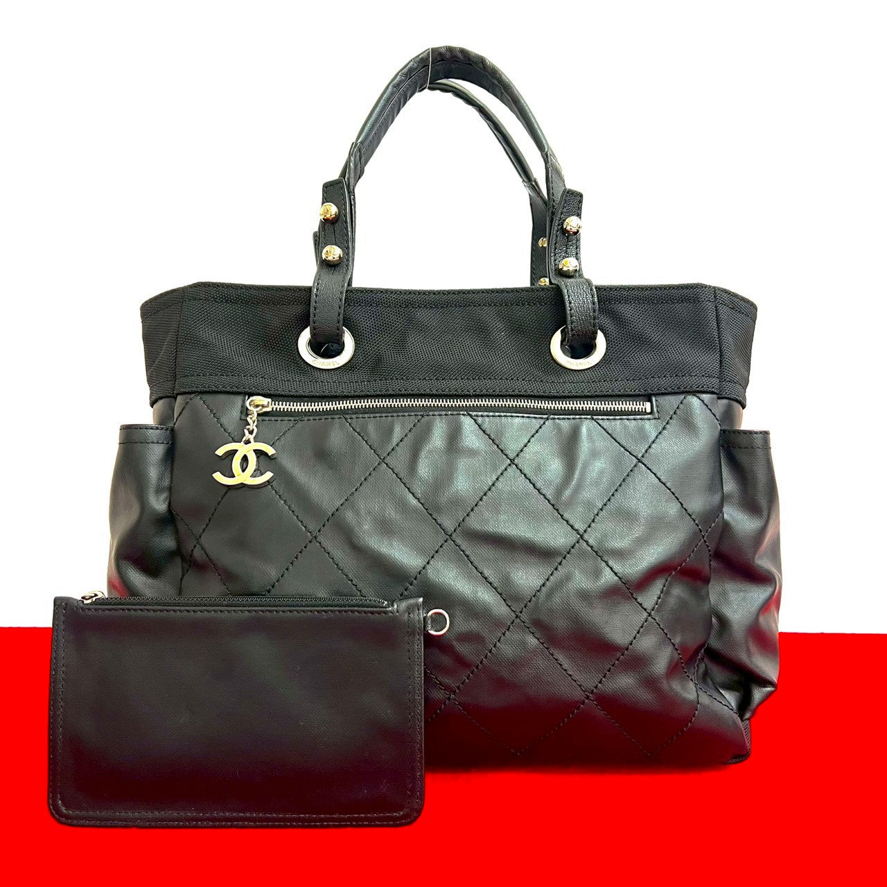 シャネル パリビアリッツ レザー キャンバス トートバッグ