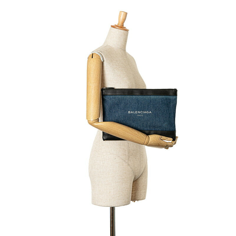 バレンシアガ ネイビークリップM デニム レザー クラッチバッグ
