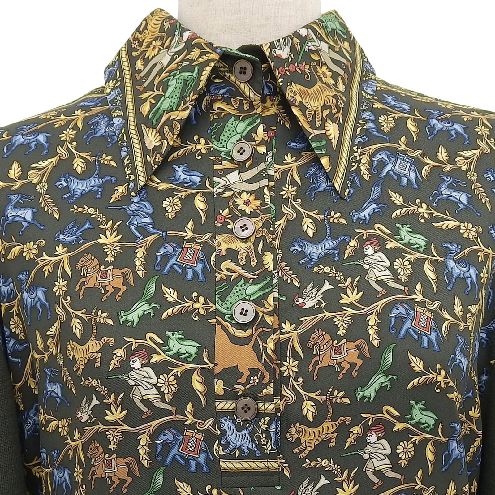 エルメス CHASSEEN INDE シルク 長袖 ポロシャツ M