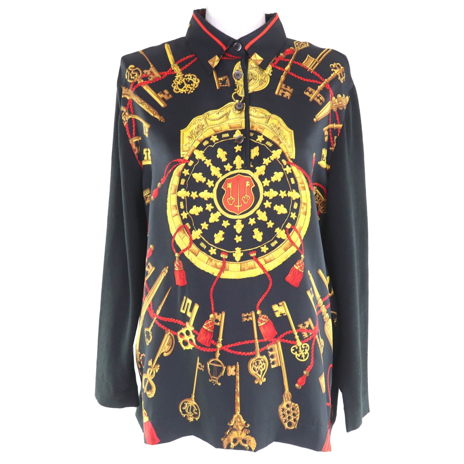 エルメス LES CLES THE KEYS シルク長袖ポロシャツ S