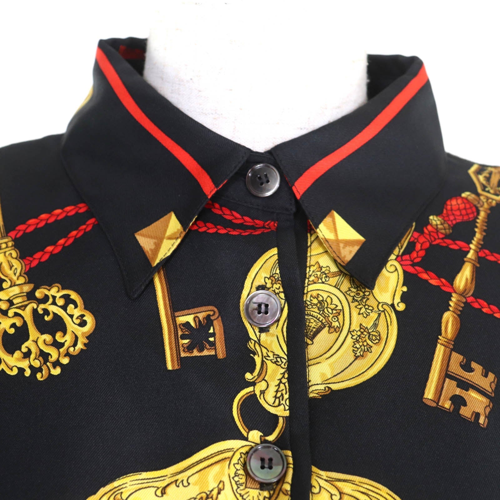 エルメス LES CLES THE KEYS シルク長袖ポロシャツ S