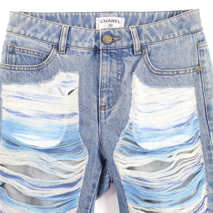 シャネル COCO マーク ボタン ディストレスト チュール デニム パンツ