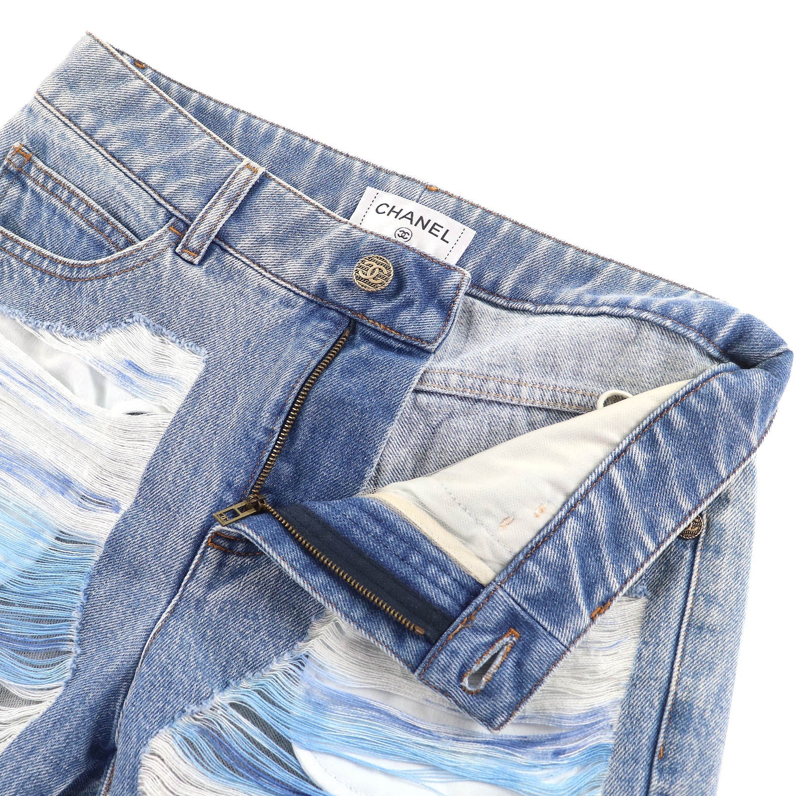シャネル COCO マーク ボタン ディストレスト チュール デニム パンツ