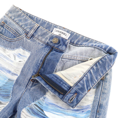 シャネル COCO マーク ボタン ディストレスト チュール デニム パンツ