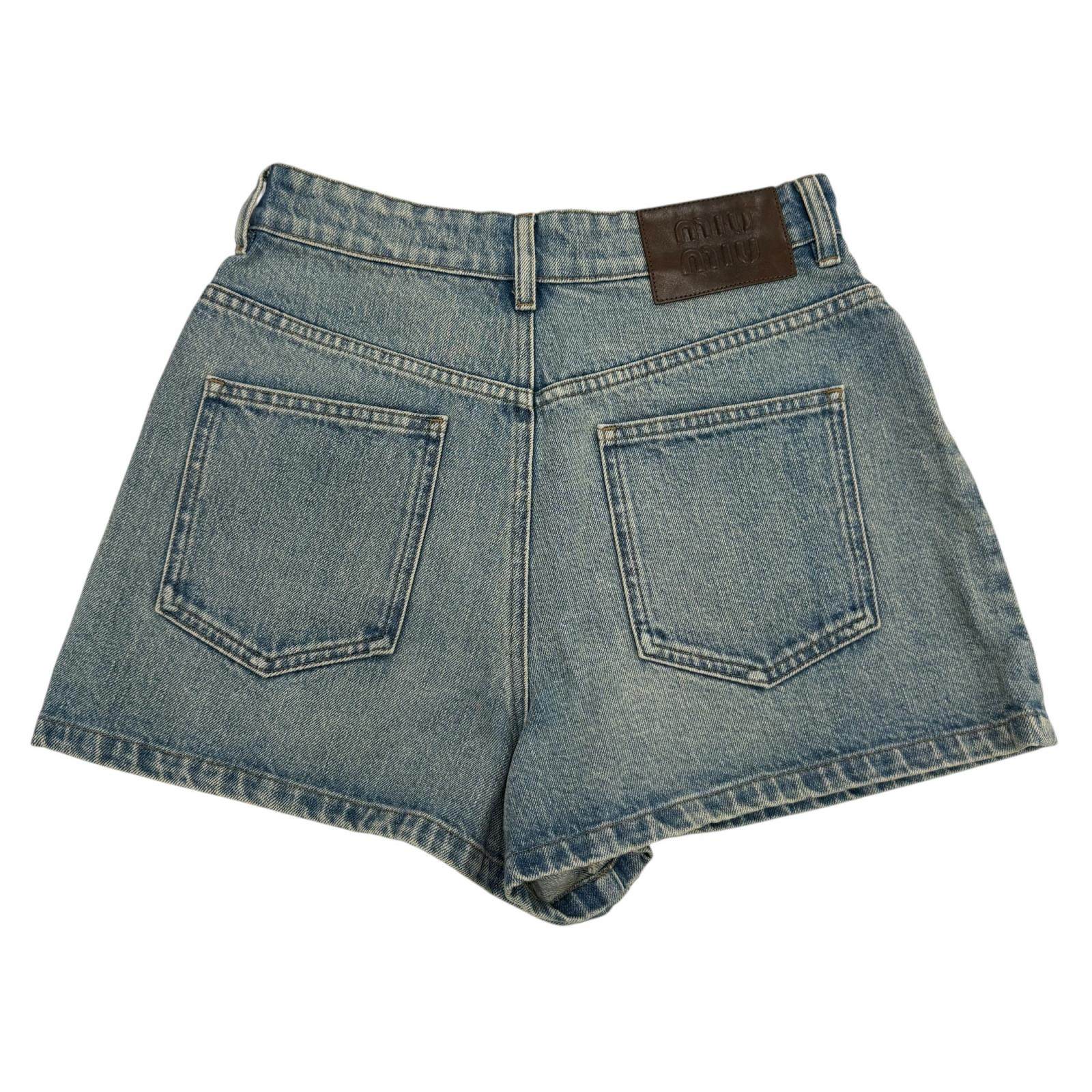 ミュウミュウ レザーパッチデニムショートパンツ