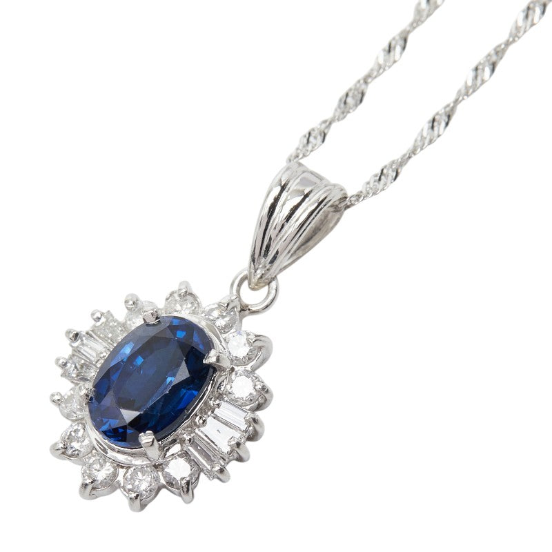 プラチナ Pt900 Pt850 サファイア1.00ct ダイヤ0.30ct フラワーモチーフ ペンダントネックレス