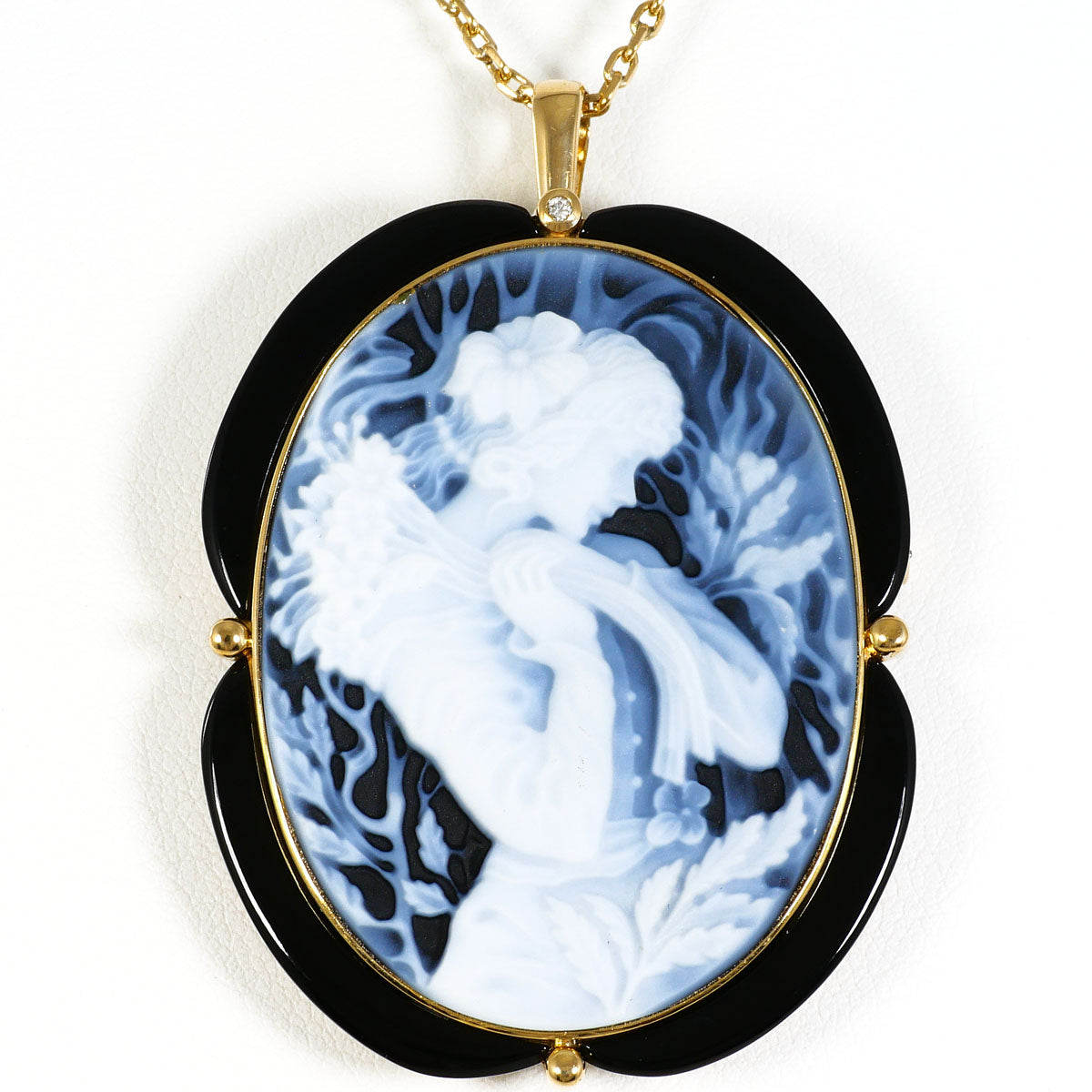 Au750 Stone Cameo Onyx Diamond 2way Necklace Brooch
