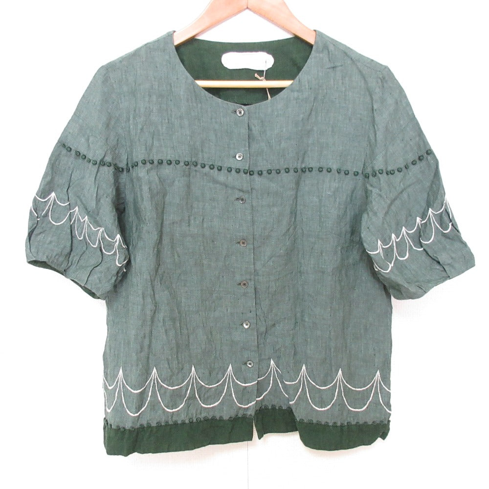 Lisette リネン刺繍ショートスリーブノーカラーシャツ