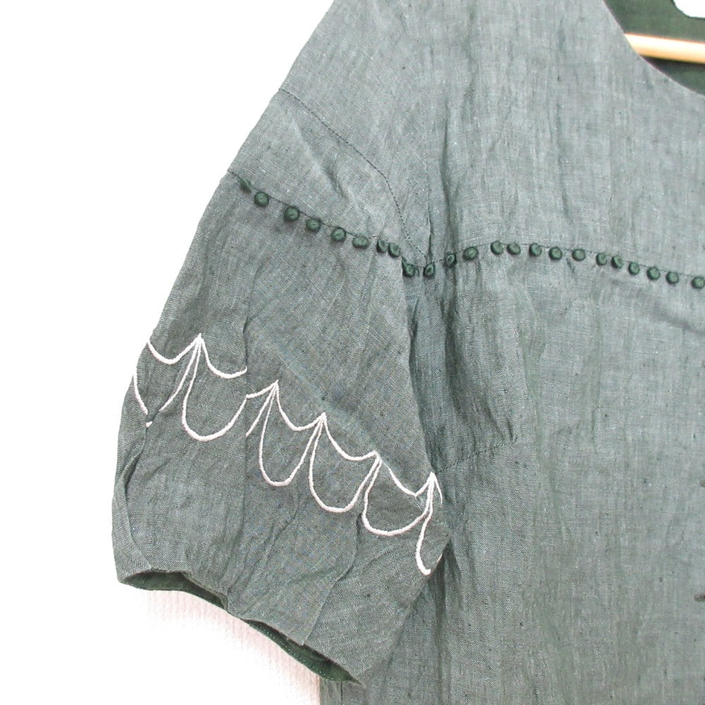 Lisette リネン刺繍ショートスリーブノーカラーシャツ