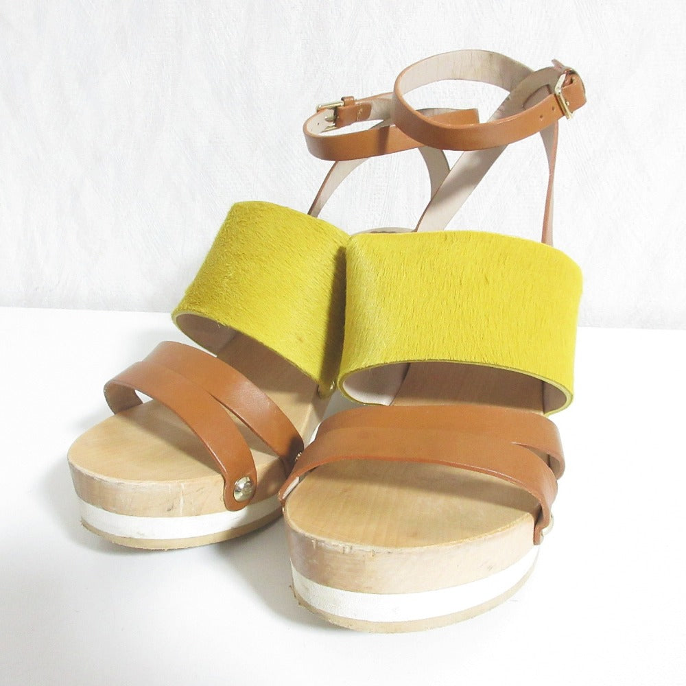 フルラ ヘアカーフ レザー ウッド ヒール サンダル