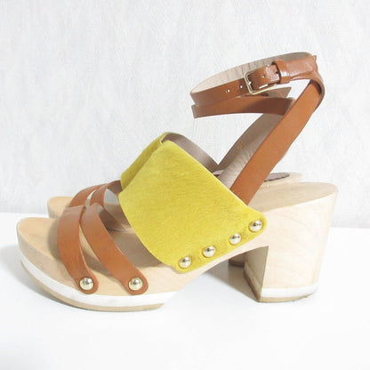 フルラ ヘアカーフ レザー ウッド ヒール サンダル