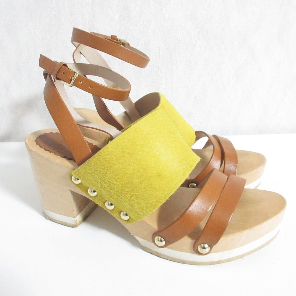 フルラ ヘアカーフ レザー ウッド ヒール サンダル