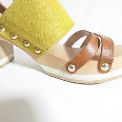 フルラ ヘアカーフ レザー ウッド ヒール サンダル