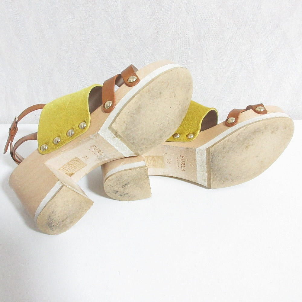 フルラ ヘアカーフ レザー ウッド ヒール サンダル