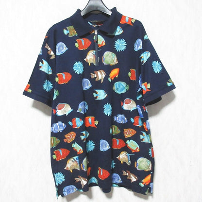 レオナール フィッシュプリント ショートスリーブジップポロシャツ