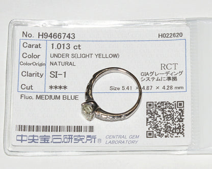 Pt900 プラチナ ダイヤモンド リング 1.013ct ライト イエロー-SI1-ミディアム ブルー