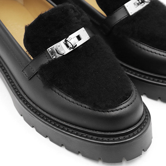 エルメス モカシンケリーバックルムートンボア36½レザーローファー