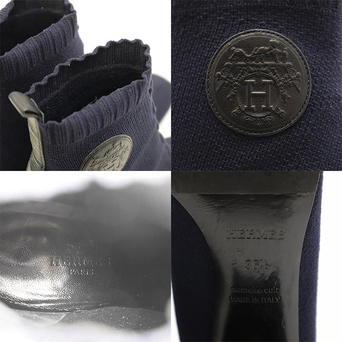エルメス ニットHロゴレザーパッチブロックヒールブーツ