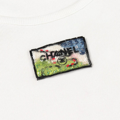 シャネル ロゴ ビジュー刺繍 コットンTシャツ