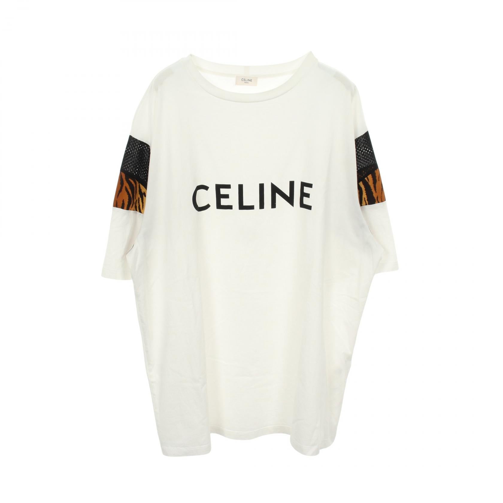 セリーヌ ロゴプリント メッシュトリム レオパード コットン Tシャツ